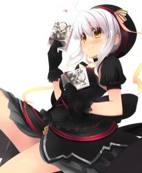  blush character_request female gloves hat heart holding original ribbon shin_(new) short_hair sidelocks simple_background skirt smile solo white_background white_hair yellow_eyes 