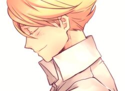  1boy blonde_hair closed_eyes collared_shirt commentary goodbye hair_between_eyes kuma_(persona_4) male_focus persona persona_4 photoshop_(medium) profile saeuchobab shirt smile solo 