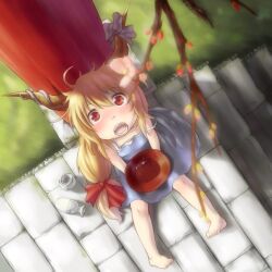  alcohol bad_id bad_pixiv_id barefoot blonde_hair blush bow branch brick cherry_blossoms cup dress female from_above hairbow horns ibuki_suika koishi_chikasa long_hair looking_up open_mouth red_eyes sakazuki sake solo strap_slip tokkuri torii touhou 