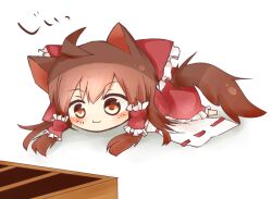  :3 animal_ears bow box brown_eyes brown_hair chibi commentary_request detached_sleeves donation_box female hair_tubes hairbow hakurei_reimu red_bow solo tail tosura-ayato touhou 