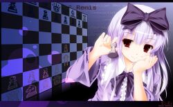  3.1-tan :3 bishop_(chess) blunt_bangs blush board_game bow character_name checkered_background chess chess_piece commentary_request dress english_text female frills german_text hair_ribbon hairbow hand_on_own_cheek hand_on_own_face head_rest highres hime_cut holding holding_chess_piece jum_(parallel_parasol) letterboxed light_purple_hair lolita_fashion long_hair long_sleeves looking_at_viewer numbered os-tan photoshop_(medium) purple_dress purple_hair red_eyes ribbon rook_(chess) smile solo upper_body 