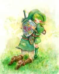  1boy age_difference bad_id bad_pixiv_id belt boots closed_eyes commentary_request female funetail green_footwear green_hair green_hairband green_theme hairband hat height_difference hug hylian_shield kneeling link master_sword photoshop_(medium) pointy_ears saria_(zelda) sheath sheathed shield shield_on_back standing sword sword_on_back the_legend_of_zelda the_legend_of_zelda:_ocarina_of_time traditional_media weapon weapon_on_back 