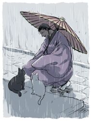  1boy black_cat commentary_request feline geta japanese_clothes joka_(hiwai) kimono male_focus original photoshop_(medium) rain socks solo squatting 