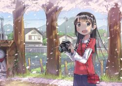  :d ataru_(ataru_squall) bag black_eyes black_hair blunt_bangs blush building camera cherry_blossoms commentary_request day dirt_road female grass hair_ornament hairclip handbag holding holding_camera house jizou layered_sleeves long_hair long_sleeves open_mouth original outdoors petals photoshop_(medium) power_lines red_shirt road road_sign shirt short_over_long_sleeves short_sleeves shrine sign sky smile solo speed_limit_sign statue traffic_barrier tree wind 