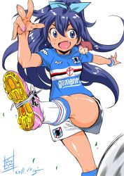  animal ball cleats dark-skinned_female dark_skin dated female flat_chest ganaha_hibiki hair_ribbon hamster hamuzou idolmaster idolmaster_(classic) inoue_sora italy kicking long_hair oerba_yun_fang open_mouth photoshop_(medium) ponytail ribbon shorts signature soccer soccer_ball soccer_uniform socks sportswear tan uc_sampdoria very_long_hair wristband 