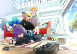  3boys bad_id bad_pixiv_id bag belt blonde_hair blue_eyes bottle carpet casual couch digital_media_player dr_pepper earphones green_eyes hayabusa_hideki inazuma_eleven inazuma_eleven_(series) inazuma_eleven_go indoors kita_ichiban long_hair lying male_focus multiple_boys nishinosora_yoichi open_mouth orange_hair ponytail school_bag shared_earphones smile suemitsu_dicca sunglasses table tree 