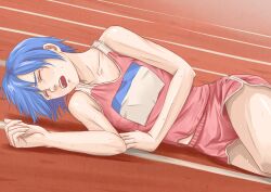  bad_id bad_pixiv_id blue_hair closed_eyes female gym_uniform lying on_side open_mouth original pink_shorts race_bib running_track saliva short_hair shorts solo sweat tomoshiki track_and_field 