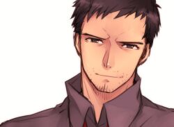  1boy black_eyes black_hair business_casual collared_shirt commentary doujima_ryoutarou facial_hair goodbye head_tilt looking_at_viewer male_focus necktie persona persona_4 photoshop_(medium) police saeuchobab shirt smile solo 