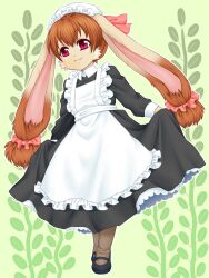  animal_ears apron brown_hair commentary_request curtsey female furry furry_female joka_(hiwai) maid maid_headdress mary_janes pantyhose photoshop_(medium) pixiv_forest rabbit_ears rabbit_girl red_eyes shoes short_hair skirt_hold solo victorian_maid 