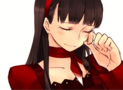  amagi_yukiko black_hair blush cardigan closed_eyes commentary female goodbye hairband long_hair neck_ribbon persona persona_4 photoshop_(medium) ribbon saeuchobab smile solo tears wiping_tears 