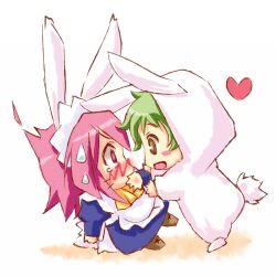  1boy animal_costume animal_ears chibi commentary_request eye_contact female green_hair justus looking_at_another piku pink_hair rabbit_costume rabbit_ears shakugan_no_shana short_hair wilhelmina_carmel 