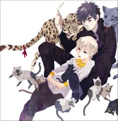  2boys animal bad_id bad_pixiv_id biting black_panther blonde_hair blood bracelet brown_eyes brown_hair cheetah fate/zero fate_(series) feline gilgamesh_(fate) jewelry kotomine_kirei kuroihato male_focus multiple_boys necklace official_alternate_costume purple_eyes purple_hair red_eyes slit_pupils too_many too_many_cats white_background 