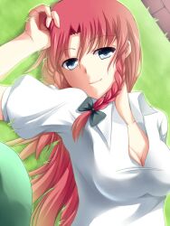  bad_id bad_pixiv_id blue_eyes bow braid breasts cleavage female grass hairbow hat hong_meiling long_hair lying medium_breasts on_back red_eyes shirt smile solo touhou twin_braids unworn_hat unworn_headwear wall yappen 