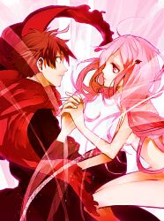  1boy bad_id bad_pixiv_id brown_hair clothed_male_nude_female female guilty_crown hair_ornament hairclip holding_hands interlocked_fingers nagarech nude ouma_shuu pink_hair red_eyes scarf yuzuriha_inori 