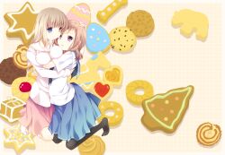  2girls animal_crackers bad_id bad_pixiv_id black_pantyhose blonde_hair blue_eyes blue_skirt blush breasts chocolate_chip_cookie cookie food fukuji_mihoko gingerbread_cookie heterochromia hug kazekoshi_school_uniform kiyosumi_school_uniform long_hair medium_breasts multiple_girls open_mouth pantyhose purple_eyes red_hair saki_(manga) school_uniform serafuku short_hair skirt smile takei_hisa thumbprint_cookie tokumi_yuiko 