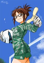  akizuki_ritsuko alternate_costume antenna_hair ball black-framed_eyewear blue_sky breasts brown_hair camouflage character_name clothes_writing cloud cosplay cowboy_shot dated day england everton_fc female folded_ponytail foreshortening from_side glasses gloves goal goalkeeper hair_bun holding idolmaster idolmaster_(classic) inoue_sora jersey le_coq_sportif light_smile long_sleeves looking_at_viewer medium_breasts orange_eyes outdoors outstretched_arm photoshop_(medium) pointing premier_league semi-rimless_eyewear short_hair short_shorts shorts side_slit sidelocks single_hair_bun single_vertical_stripe sky smile soccer soccer_ball soccer_uniform solo sportswear standing taut_clothes tim_howard under-rim_eyewear updo 