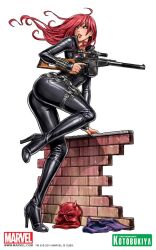  animification ass black_widow boots brick_wall female green_eyes gun high_heels kotobukiya_bishoujo long_hair looking_back marvel mask natasha_romanoff red_hair rifle running_bond shoes skin_tight sniper_rifle suppressor vss_vintorez weapon yamashita_shun&#039;ya 