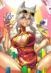  ace_(playing_card) ace_of_spades akinaie animal_ears blue_eyes breasts card cat_ears china_dress chinese_clothes cleavage cleavage_cutout clothing_cutout commentary_request dark-skinned_female dark_skin dress eyeliner eyewear_on_head female fingernails grey_hair hand_on_own_hip holding holding_card kaiten_muten-maru king_(playing_card) king_of_spades large_breasts long_fingernails makeup oerba_yun_fang playing_card poker_chip red_dress scarf shamu_meruruusa smile solo spade_(shape) spread_legs sunglasses ten_of_spades thighs 