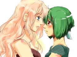  2girls bad_id bad_pixiv_id blonde_hair blue_eyes earrings gen_(enji) green_hair jewelry long_hair macross macross_frontier multiple_girls ranka_lee red_eyes sheryl_nome shirt short_hair sleeveless yuri 