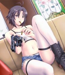  ankle_boots antenna_hair black_eyes black_hair blue_shorts boots breasts bullet cartridge cleavage colt_python commentary_request couch crop_top cutoffs denim denim_shorts doku_hebi dutch_angle female gun handgun idolmaster idolmaster_(classic) kikuchi_makoto midriff mouth_hold navel open_fly reloading revolver short_hair short_shorts shorts sitting small_breasts solo tank_top thighhighs unzipped weapon white_thighhighs 