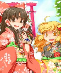  2girls :d arrow_(projectile) blonde_hair bow brown_eyes brown_hair commentary_request ema hair_ornament hair_tubes hairbow hakurei_reimu hamaya japanese_clothes kanoe_soushi kirisame_marisa multiple_girls new_year open_mouth partial_commentary smile snow torii touhou yellow_eyes 