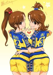  2girls arm_around_waist ass brown_eyes brown_hair character_name dated flipped_hair from_behind futami_ami futami_mami grin hair_bobbles hair_ornament heart heart_hands heart_hands_duo idolmaster idolmaster_(classic) inoue_sora italy long_hair multiple_girls pantylines parma_fc photoshop_(medium) shorts siblings side_ponytail sisters smile soccer soccer_uniform sportswear topknot twins 