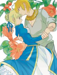  1boy artoria_pendragon_(fate) blonde_hair blue_eyes braid commentary_request dress fate/zero fate_(series) female flower fon-due_(fonfon) gilgamesh_(fate) hair_bun hair_ribbon juliet_sleeves long_sleeves official_alternate_costume photoshop_(medium) puffy_sleeves red_eyes ribbon saber_(fate) single_hair_bun 