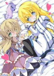  2girls blonde_hair blue_eyes blush brown_hair colette_brunel collet_brunel elise_lutus elize_lutus frills green_eyes heart jewelry lying milkpanda multiple_girls open_mouth shoes tales_of_(series) tales_of_symphonia tales_of_xillia teepo_(tales) thighhighs tippo 