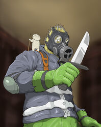  1boy blurry blurry_background caiman_(dorohedoro) cubechicken15 dorohedoro dumpling elbow_pads food furry furry_male gas_mask gloves green_gloves green_pants gyoza_man highres holding holding_knife jacket jiaozi knife lizardman male_focus mask on_shoulder pants upper_body 