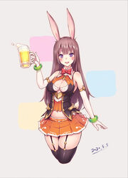  alcohol animal_ears armlet beer beer_mug black_thighhighs bow bowtie breasts brown_hair cleavage crop_top cropped_legs cup facial_mark female garter_straps gogatsu_no_renkyuu highres holding holding_cup long_hair looking_at_viewer medium_breasts miniskirt mug navel orange_skirt original pleated_skirt purple_eyes rabbit_ears rabbit_tail red_bow red_bowtie skirt sleeveless solo tail thighhighs whisker_markings wing_collar zettai_ryouiki 