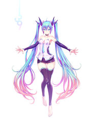  39 ahoge aqua_eyes aqua_hair bare_shoulders barefoot black_choker black_thighhighs blue_nails breasts bridal_gauntlets choker commentary female full_body gogatsu_no_renkyuu gradient_hair hair_ornament hatsune_miku highres long_hair looking_at_viewer miniskirt multicolored_hair nail_polish orange_hair outstretched_arms pencil_skirt simple_background skirt small_breasts smile solo thighhighs toenail_polish toenails twintails very_long_hair vocaloid white_background zettai_ryouiki 