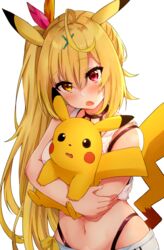  :o absurdres ahoge bare_shoulders black_choker choker commentary crop_top crossover female hair_ornament haru_(re_ilust) head_tilt highres holding holding_pokemon hoshikawa_sara long_hair looking_at_viewer navel nijisanji open_mouth pikachu pikachu_ears pikachu_tail pokemon pokemon_(creature) pokemon_ears pokemon_tail red_eyes side_ponytail simple_background tail tank_top thong upper_body very_long_hair virtual_youtuber white_background x_hair_ornament yellow_eyes 