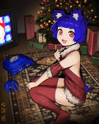  :d absurdres animal_ears backless_outfit bare_shoulders bear_ears bear_girl bear_tail blue_hair blue_tail blunt_bangs blunt_ends blurry blurry_background carpet christmas christmas_ornaments christmas_tree commentary crt curled_fingers detached_sleeves english_commentary female film_grain floor from_side full_body fur-trimmed_sleeves fur-trimmed_sweater fur_trim game_console gift gris_(vertigris) half_updo hand_on_own_chest hand_on_own_knee hand_up highres indoors looking_at_viewer looking_to_the_side making-of_available meme_attire multicolored_background nintendo_64 nintendo_64_controller oerba_yun_fang open_mouth original photo_date_watermark red_eyes red_sleeves red_sweater red_thighhighs ribbed_legwear ribbed_thighhighs shiny_skin short_hair short_sleeves sitting smile solo sweater tail tareme thighhighs timestamp tongue turning_head vertigris virgin_killer_sweater wall wooden_floor zettai_ryouiki 