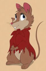  absurd_res blue_eyes brown_body brown_fur cloak clothing denzeltip don_bluth female feral fur hand_on_hand hi_res mammal mouse mrs._brisby murid murine rodent simple_background smile solo teeth the_secret_of_nimh wood_mouse 