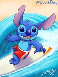  2022 3_toes alien blue_body blue_claws blue_eyes blue_fur blue_nose chest_tuft claws clothed clothing disney experiment_(lilo_and_stitch) feet fur head_tuft hi_res lilo_and_stitch male notched_ear outside red_clothing red_swimming_trunks red_swimwear sagadreams sea seascape signature sky solo stitch_(lilo_and_stitch) surfboard surfing swimming_trunks swimwear toes topless tuft water wave 