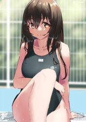  arm_support aya_(jonsun) black_one-piece_swimsuit breasts brown_eyes brown_hair closed_mouth collarbone commentary_request competition_swimsuit female jonsun long_hair looking_at_viewer one-piece_swimsuit original sitting smile solo swimsuit twitter_username 