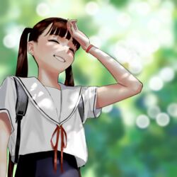  arm_up backpack bad_id bad_pixiv_id bag blurry blurry_background brown_hair closed_eyes dappled_sunlight female highres hiramedousa long_hair neck_ribbon original parted_lips red_ribbon ribbon sailor_collar school_uniform serafuku shirt short_sleeves smile solo sunlight uniform upper_body white_sailor_collar white_shirt 