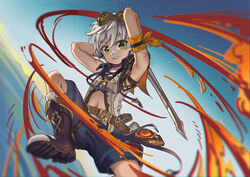  1boy absurdres bennett_(genshin_impact) boots commentary_request genshin_impact highres holding holding_sword holding_weapon jumping looking_at_viewer male_focus midriff_peek mixed-language_commentary over_shoulder shorts solo sword sword_over_shoulder weapon weapon_over_shoulder whinghope 