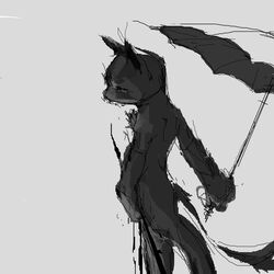  1:1 anonymous_artist anthro domestic_cat felid feline felis hi_res holding_object ledge male mammal monochrome simple_background solo umbrella unfinished unknown_character white_background 