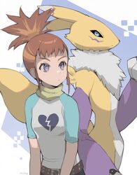  2girls animal_ears animal_nose belt black_sclera blue_eyes broken_heart_print closed_mouth colored_sclera commentary detached_sleeves digimon digimon_(creature) digimon_tamers english_commentary expressionless flat_chest fox_ears fox_tail furry furry_female highres looking_at_viewer looking_to_the_side makino_ruki milka_(milk4ppl) multiple_girls neck_fur orange_hair ponytail purple_eyes renamon shirt short_sleeves tail white_fur yellow_fur yin_yang 