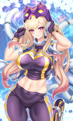  absurdres alternate_hairstyle ass_visible_through_thighs blonde_hair blurry blush breasts cat_mask colored_tips commentary commission cosplay cowboy_shot crop_top depth_of_field duel_monster earpiece fake_tail female gloves gradient_hair grin hair_between_eyes hands_up highres honeycomb_(pattern) honeycomb_background i:p_masquerena i:p_masquerena_(cosplay) inline_skates jacket kitagawa_marin large_breasts long_hair looking_at_viewer mask midriff multicolored_hair multicolored_pants multicolored_shirt navel nez-box open_clothes open_jacket pants pink_hair purple_gloves purple_pants purple_shirt red_eyes roller_skates see-through see-through_jacket shirt short_sleeves sidelocks signature skates smile solo sono_bisque_doll_wa_koi_wo_suru swept_bangs tail teeth tight_clothes tight_pants twintails yu-gi-oh! 