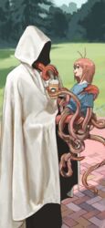  1other absurdres bad_id bad_pixiv_id blue_shirt character_request cloak cup day dqn_saga drink drinking_straw female highres hiramedousa holding_person hood hood_up medium_hair monster_girl open_mouth outdoors pink_hair profile shirt short_sleeves smile starbucks tentacle white_cloak 