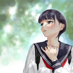  backpack bad_id bad_pixiv_id bag black_eyes black_hair black_sailor_collar blurry blurry_background blush female hair_behind_ear hand_up highres hiramedousa long_sleeves original parted_lips sailor_collar school_uniform serafuku shirt short_hair solo uniform white_shirt 