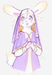  ambiguous_gender anthro blonde_hair blue_eyes blush emanata gabriel_(pawberry) hair hi_res lagomorph leporid male_(lore) mammal nun_outfit pawberry portrait rabbit simple_background solo three-quarter_portrait white_background 