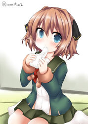  bad_id bad_twitter_id black_ribbon blue_eyes brown_hair drawstring eating female food green_jacket green_sailor_collar green_skirt hachijou_(kancolle) hair_ribbon jacket kantai_collection long_sleeves mochi mochi_trail neck_ribbon one-hour_drawing_challenge ouno_(nounai_disintegration) pleated_skirt red_ribbon ribbon sailor_collar school_uniform serafuku short_hair sitting skirt solo wariza 