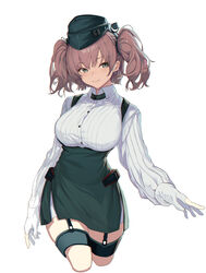  atlanta_(kancolle) black_hat black_skirt breasts brown_hair commentary_request cowboy_shot cropped_legs dress_shirt female garrison_cap garter_straps gloves grey_eyes hat high-waist_skirt highres kantai_collection large_breasts long_hair long_sleeves oweee partially_fingerless_gloves shirt simple_background skirt solo suspender_skirt suspenders thigh_strap two_side_up white_background white_shirt 