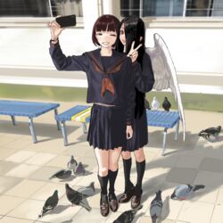  2girls angel angel_wings bad_id bad_pixiv_id bird black_hair black_legwear black_sailor_collar black_shirt black_skirt brown_hair building day feathered_wings hair_over_one_eye highres hiramedousa holding holding_phone long_hair long_sleeves midriff_peek multiple_girls neckerchief one_eye_closed original outdoors phone pleated_skirt red_eyes red_neckerchief sadako_(hiramedousa) sailor_collar school_uniform serafuku shadow shirt short_hair skirt socks standing tongue tongue_out v white_wings wings 