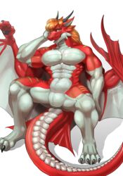  abs absurd_res animal_genitalia anthro black_horn dragon genital_slit genitals hair hi_res horn howlraise looking_at_viewer male membrane_(anatomy) membranous_wings muscular muscular_anthro muscular_male mythological_creature mythological_scalie mythology nude pecs red_body red_scales scales scalie simple_background spread_legs spreading tail white_body white_scales wings 