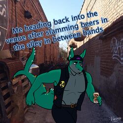  absurd_res alcohol alley alternative_fashion anthro artofpons back_alley beer beverage brick_wall draw_over ear_piercing ear_ring english_text fish furgonomics furry-specific_piercing graffiti green_body haifisch_(redscotfox) hair hi_res industrial_piercing mackerel_shark male marine meme pallet photo_background photography_(artwork) piercing punk purple_hair ring_piercing running shark solo tail tail_piercing text thresher_shark trash wall_(structure) 