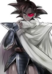  1boy armor black_eyes black_hair cape commentary_request dark-skinned_male dark_skin dragon_ball dragon_ball_z katori_(katokichi) male_focus muscular saiyan_armor scouter short_hair smile solo spiked_hair tail tullece white_cape wristband 